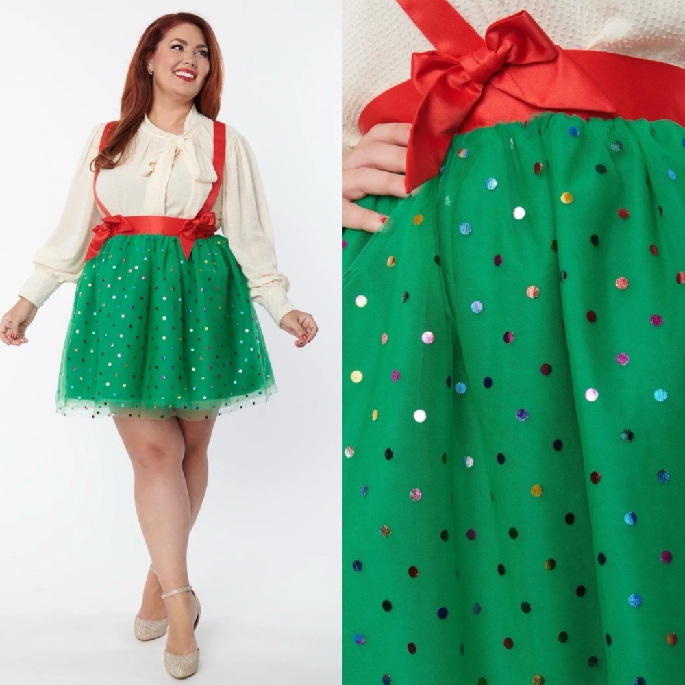 Unique Vintage Green & Multi Polka Dot Tulle Suspender Mini Skirt